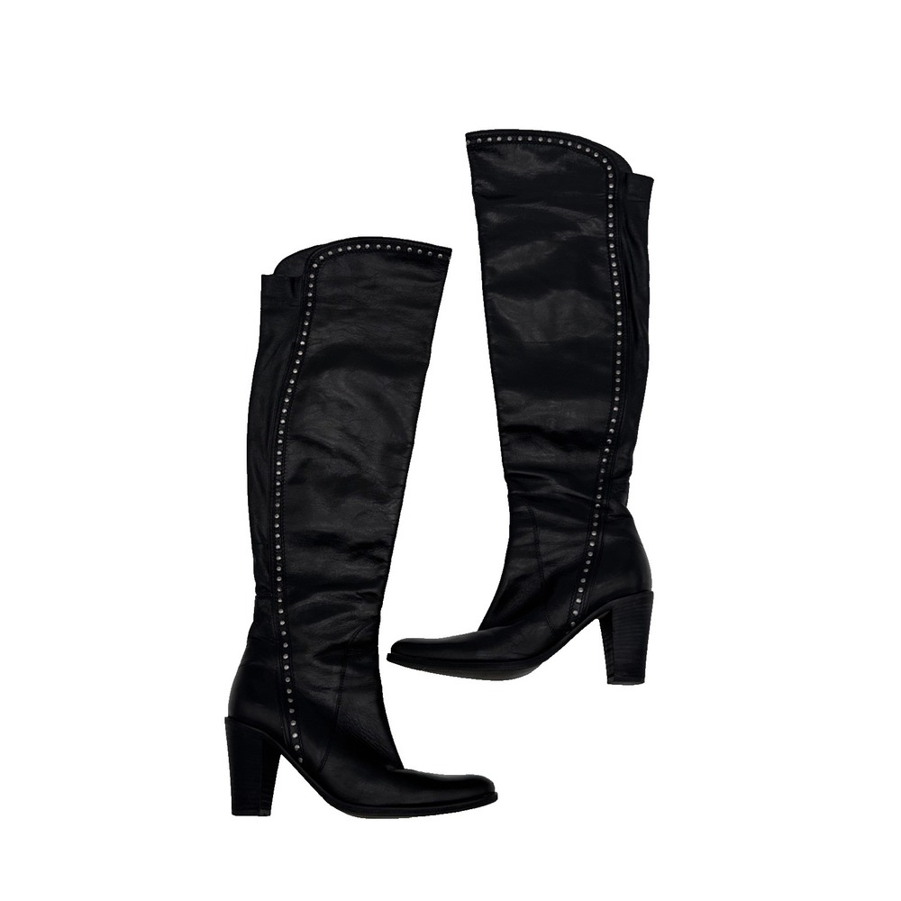 Le Pepe Size 6.5 Black Leather Over The Knee Silver Studded Boot, biker